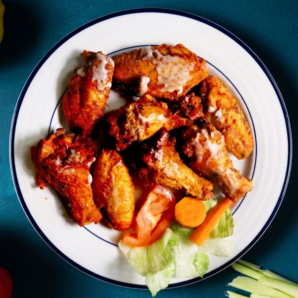 A plate of chicken wings, some red and some golden, drizzled with white sauce, with a side salad.