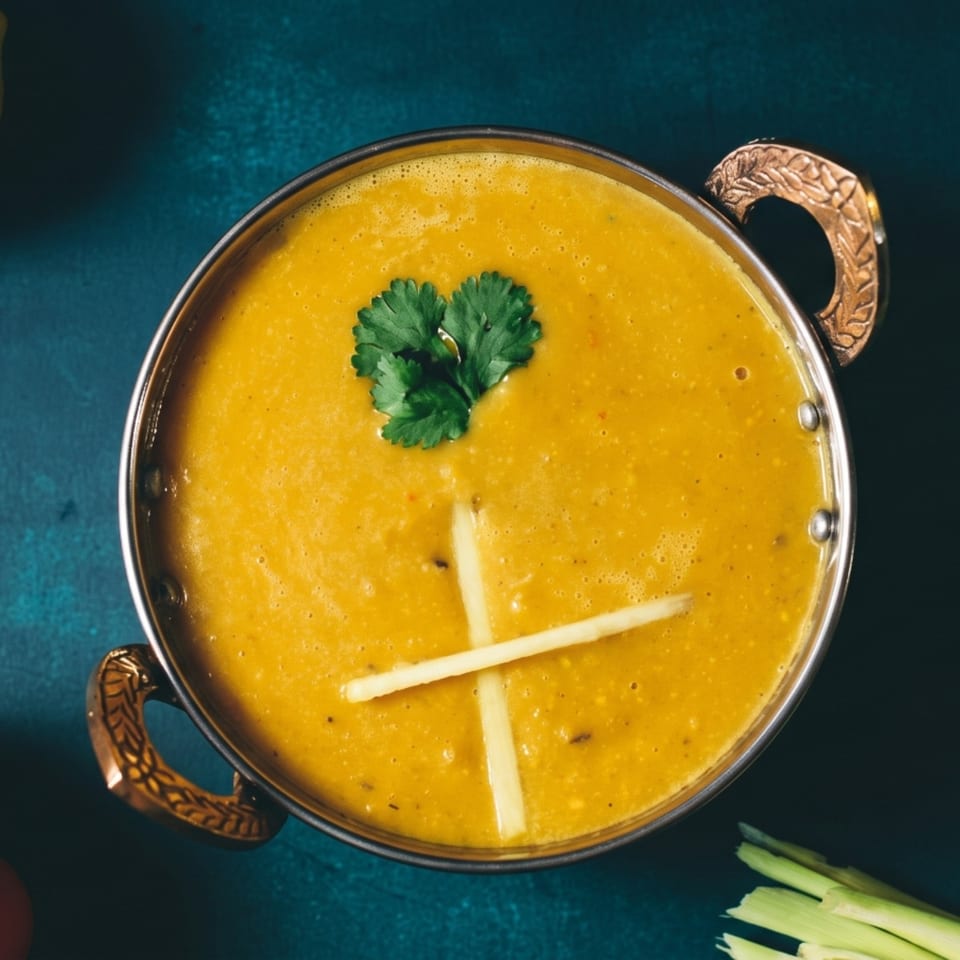 Golden yellow lentil dal in a brass bowl, garnished with cilantro and ginger strips.