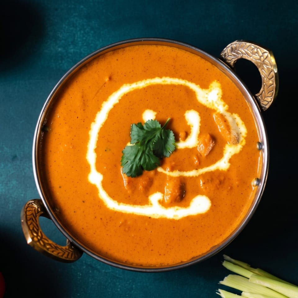 Overhead view of a copper bowl filled with orange curry, garnished with cream swirls and cilantro.