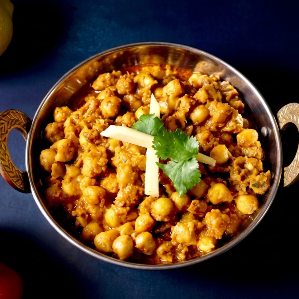 Chana Masala, a chickpea curry, in a copper bowl, garnished with ginger and cilantro.